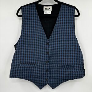 Flax Womens Blue Black Gingham Check Button Front Cropped Vest Small Indie Artsy